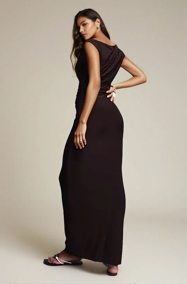 Fashionkilla Exclusive Double Sculpted Slinky Sleeveless Asymmetric Neck Ruched Bodycon Maxi Dress In Chocolate