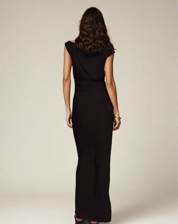 Fashionkilla Exclusive Double Sculpted Slinky Sleeveless Asymmetric Neck Ruched Bodycon Maxi Dress In Chocolate