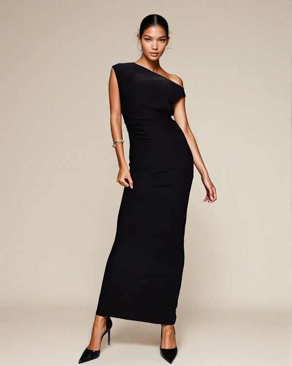 fashionkilla Exclusive Double Sculpted Slinky Sleeveless Asymmetric Neck Ruched Bodycon Maxi Dress in black