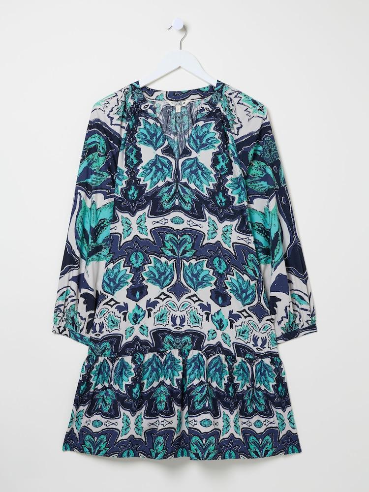 fat face Amy Jade Green Sketched Leaves Mirrored Dress