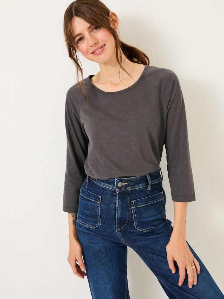 Fat Face Ava Charcoal Grey 100% Cotton 3/4 Sleeve T-Shirt