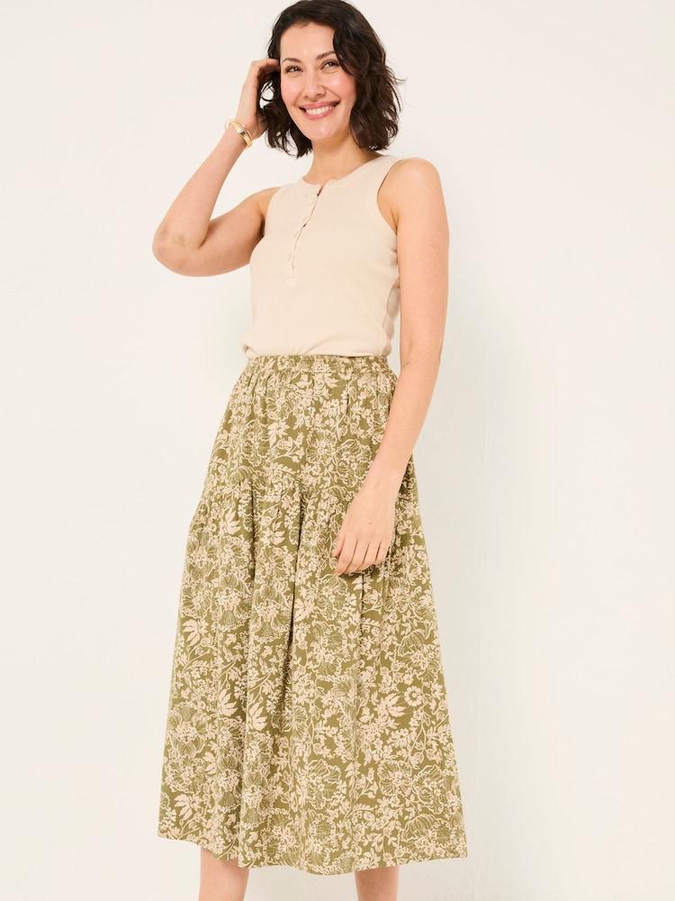 Fat Face Betty Khaki Green Linear Floral Midi Skirt