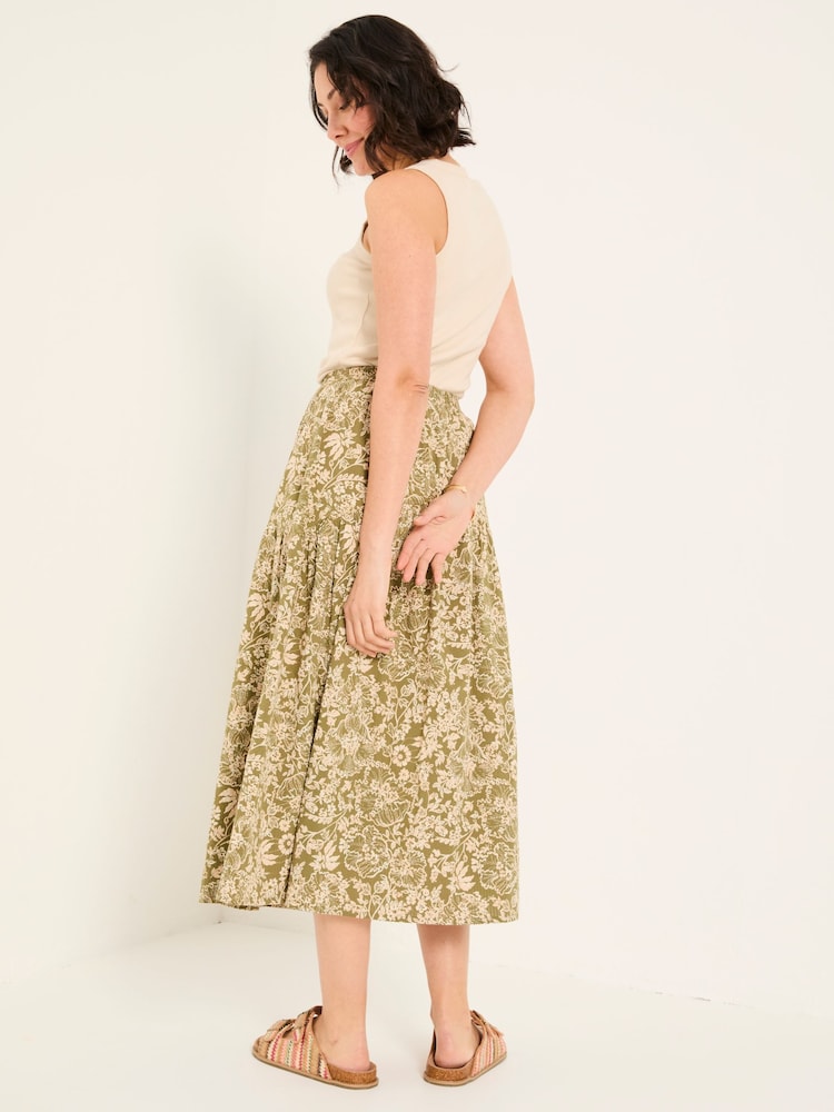 Fat Face Betty Khaki Green Linear Floral Midi Skirt