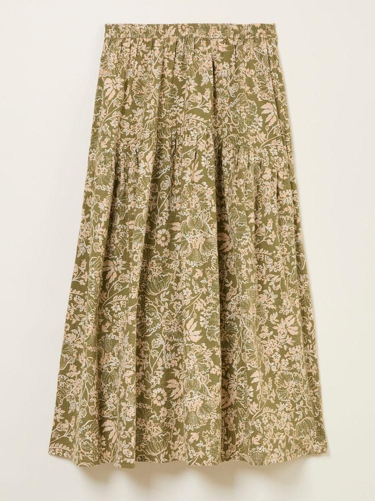 fat face Betty Khaki Green Linear Floral Midi Skirt