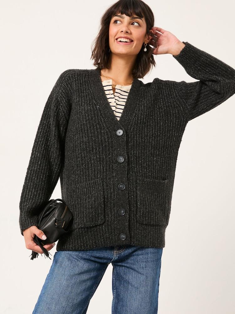 Fat Face Blanche Charcoal Grey Oversized Knitted Cardigan