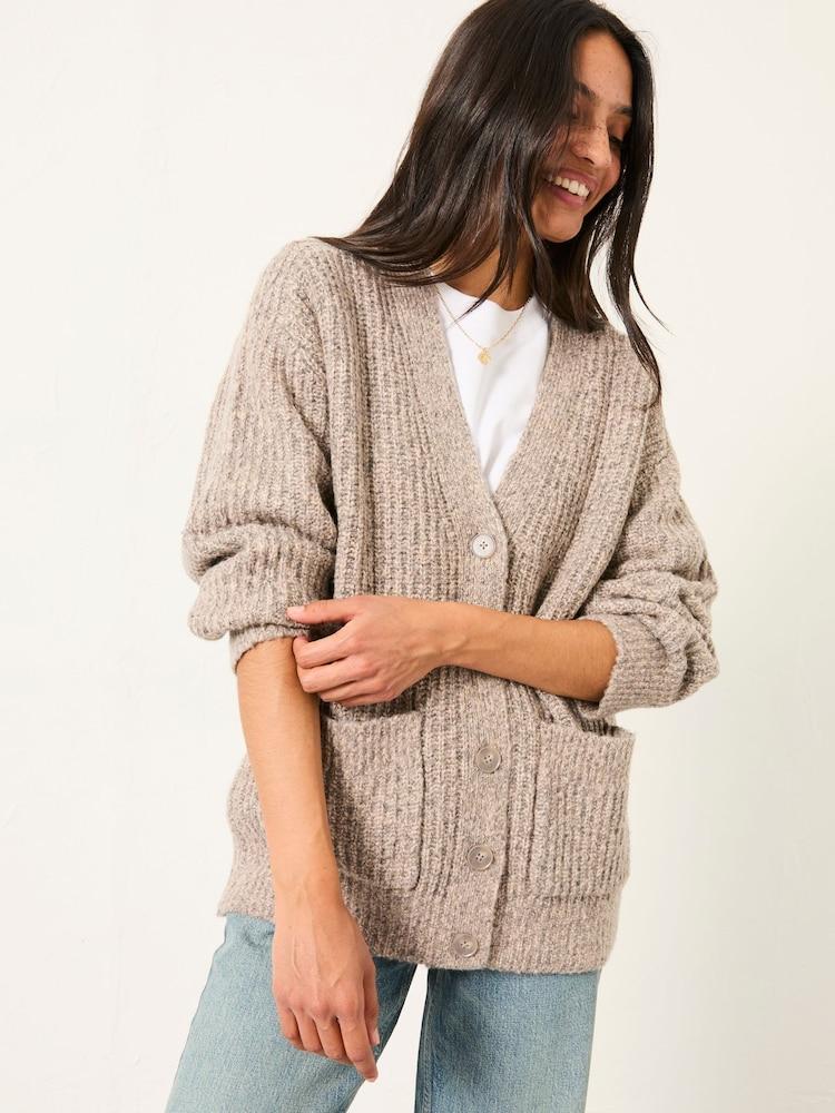 Fat Face Blanche Light Grey Oversized Knitted Cardigan