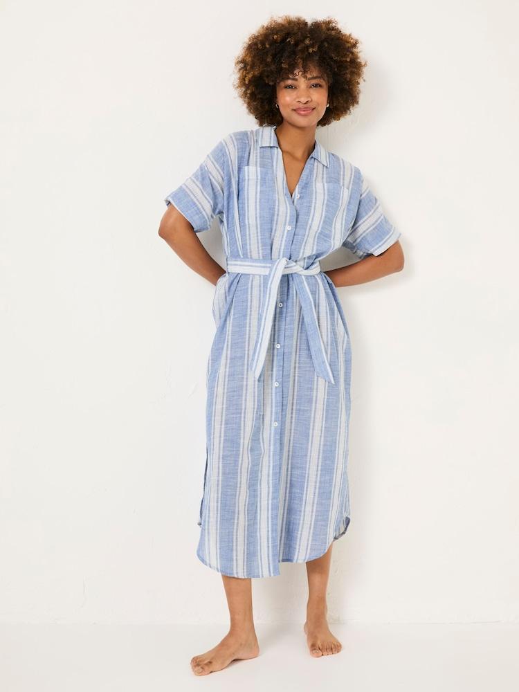 Fat Face Blue Beachwear 100% Cotton Stripe Maxi Shirt Dress