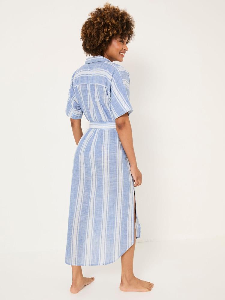 Fat Face Blue Beachwear 100% Cotton Stripe Maxi Shirt Dress