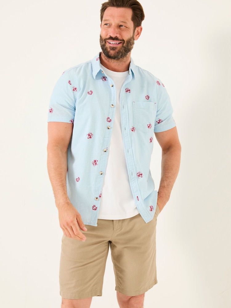 Fat Face Blue Short Sleeve Crab And Lobster Embroidered Fine Stripe Shirt
