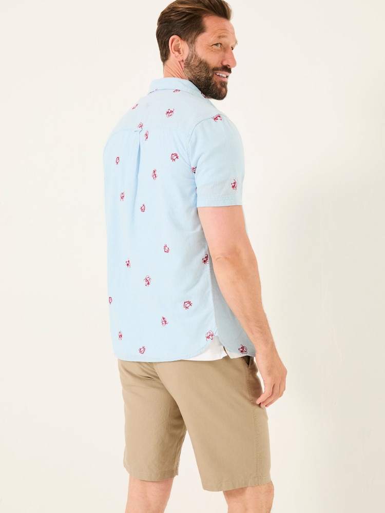 Fat Face Blue Short Sleeve Crab And Lobster Embroidered Fine Stripe Shirt