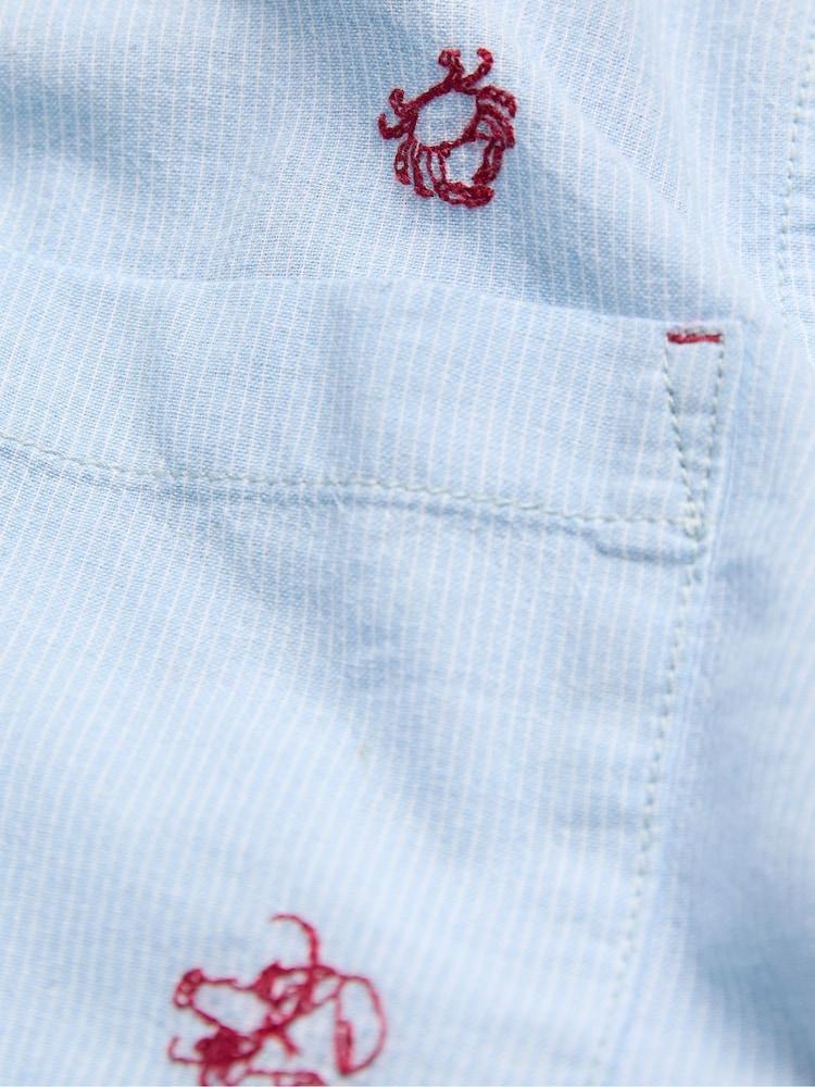 fat face Blue Short Sleeve Crab and Lobster Embroidered Fine Stripe Shirt