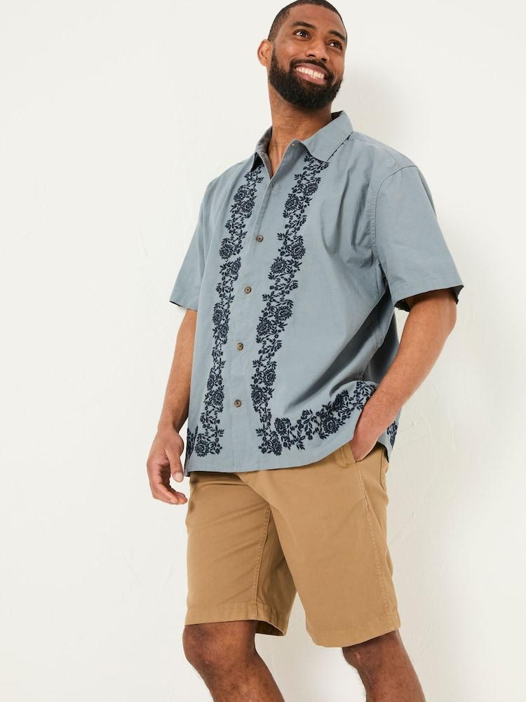 Fat Face Blue Short Sleeve Embroidered Floral 100% Cotton Shirt