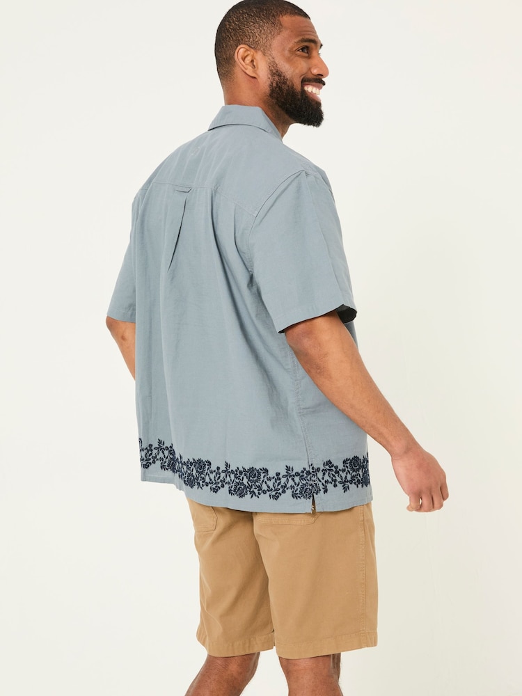 Fat Face Blue Short Sleeve Embroidered Floral 100% Cotton Shirt