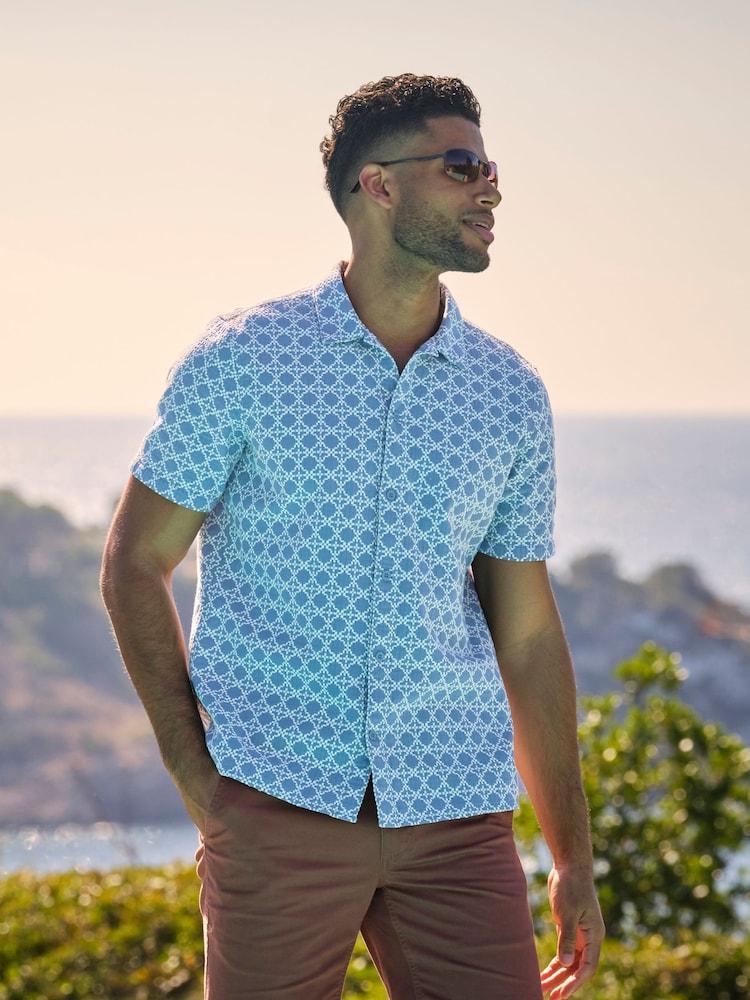 Fat Face Blue Short Sleeve Embroidered Geo 100% Cotton Shirt