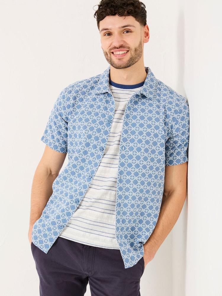 Fat Face Blue Short Sleeve Embroidered Geo 100% Cotton Shirt