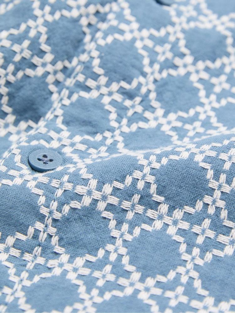 fat face Blue Short Sleeve Embroidered Geo 100% Cotton Shirt