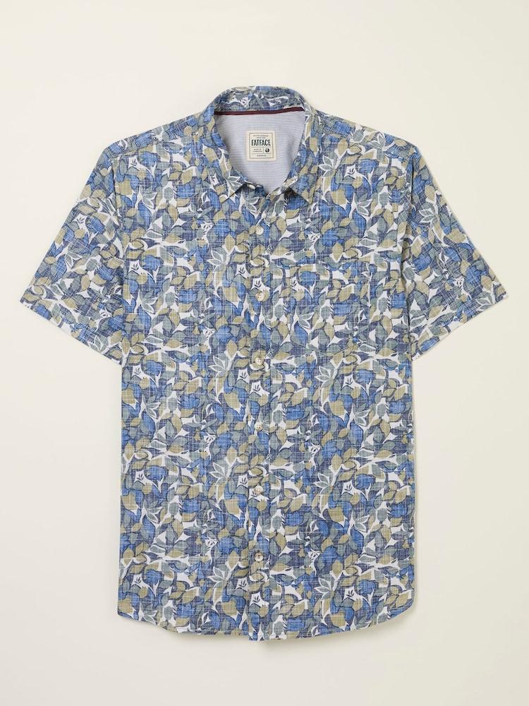 fat face Blue Short Sleeve Leaves Print 100% Cotton Shirt