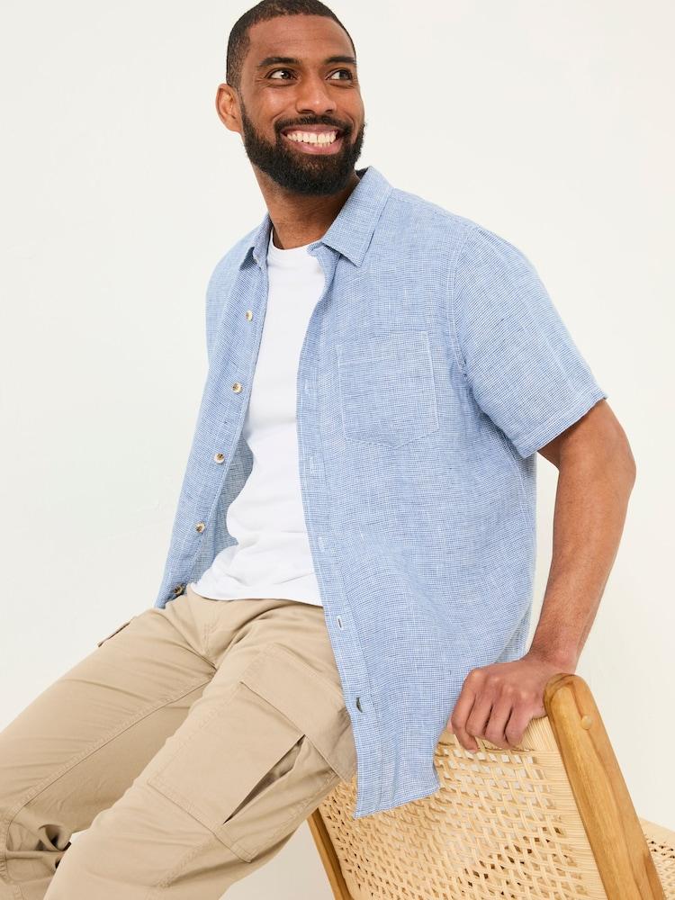 Fat Face Blue Short Sleeve Micro Linen Check 100% Linen Shirt