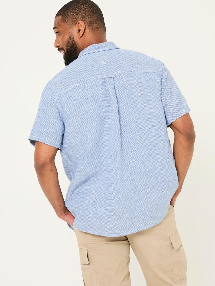 Fat Face Blue Short Sleeve Micro Linen Check 100% Linen Shirt