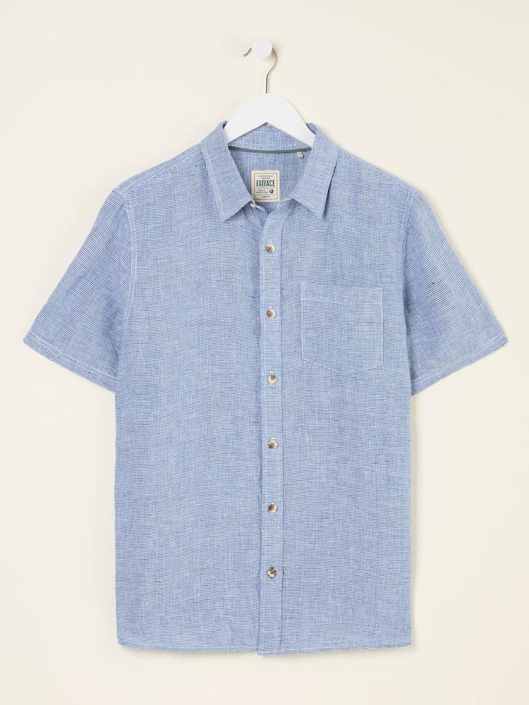 fat face Blue Short Sleeve Micro Linen Check 100% Linen Shirt