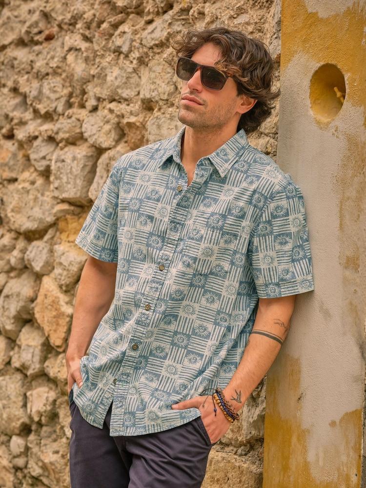 Fat Face Blue Sun Short Sleeve Sun Print 100% Cotton Shirt