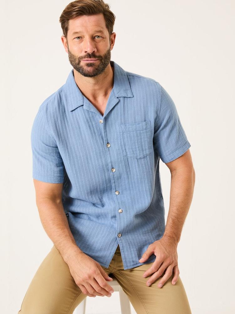 Fat Face Bugle Blue Stripe Short Sleeve Linen Cotton Shirt