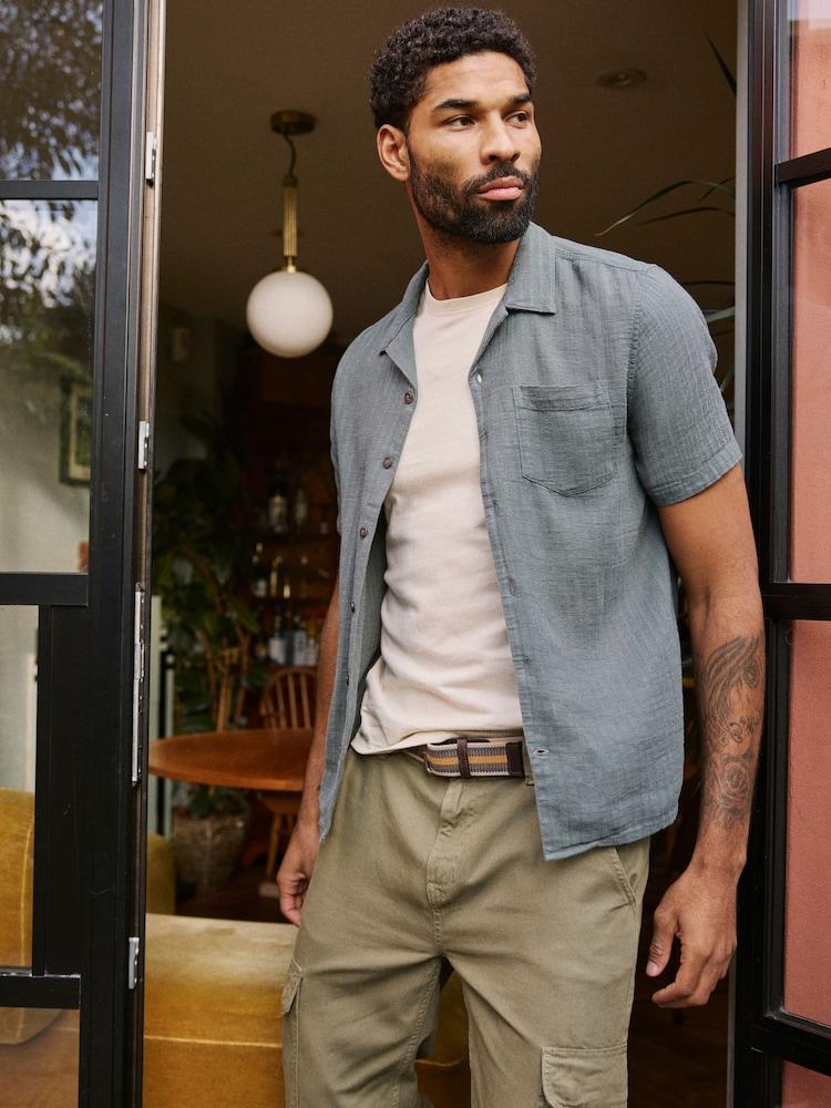 Fat Face Bugle Dusky Green Stripe Short Sleeve Linen Cotton Shirt