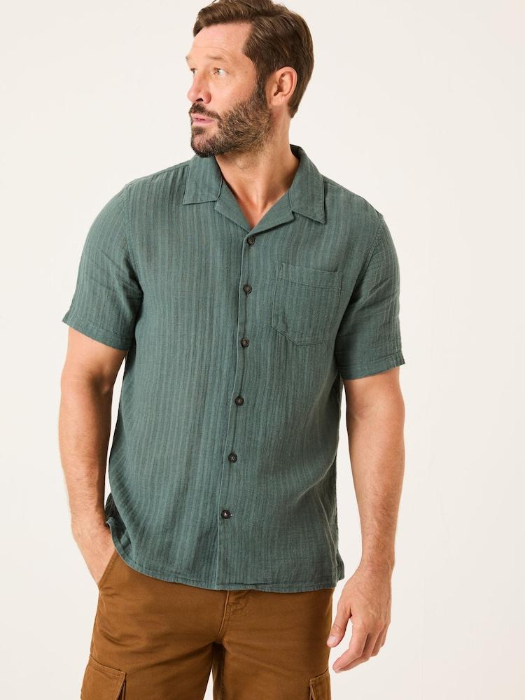 Fat Face Bugle Dusky Green Stripe Short Sleeve Linen Cotton Shirt
