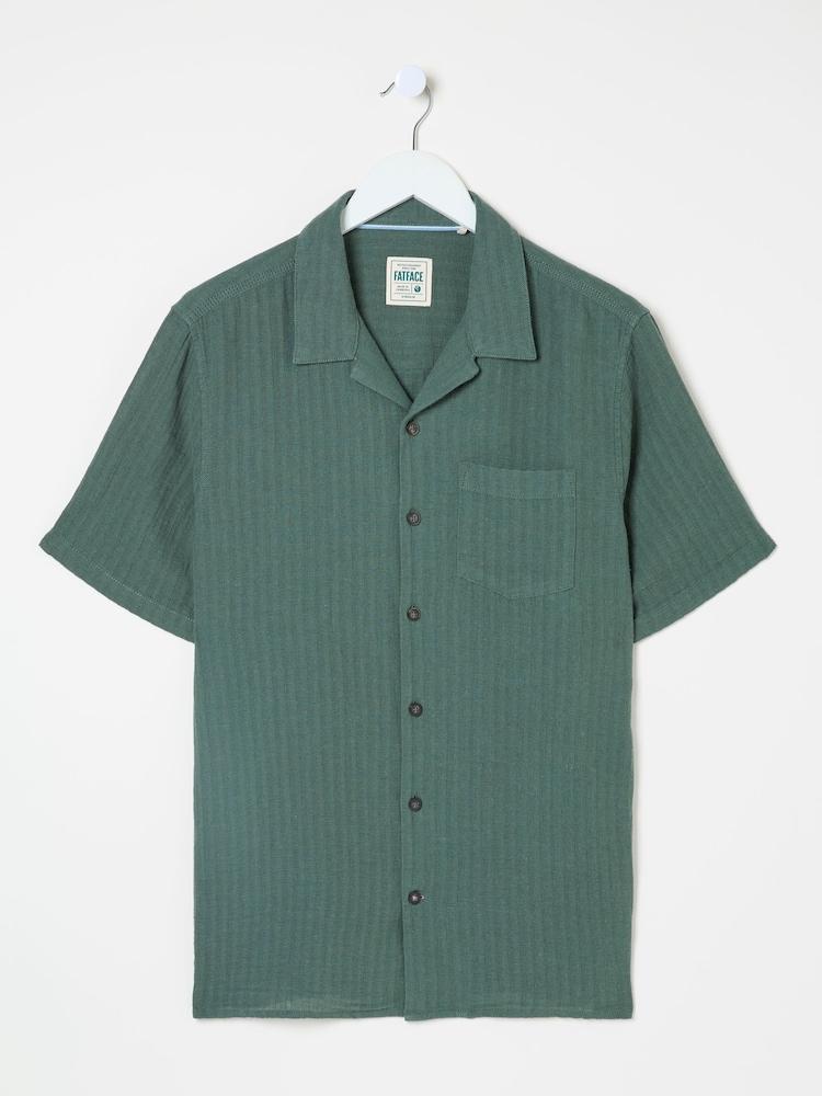 fat face Bugle Dusky Green Stripe Short Sleeve Linen Cotton Shirt