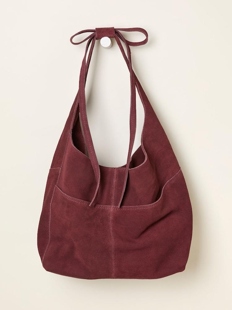 Fat Face Burgundy Red Suede Bow Handle Shoulder Bag