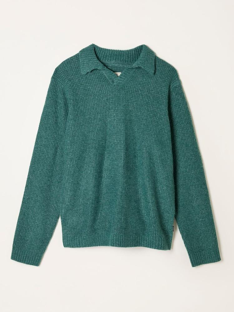 fat face Calder Emerald Green Split Collar Knitted Jumper