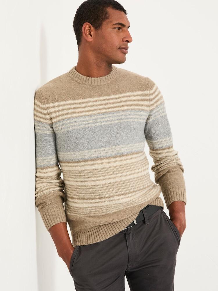 Fat Face Calder Natural Stripe Crew Neck Knitted Jumper