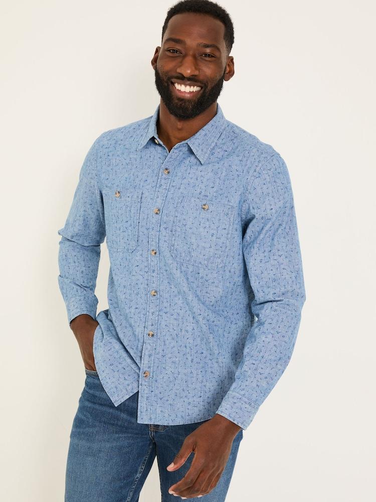 Fat Face Chambray Blue Leaf Print Long Sleeve Shirt