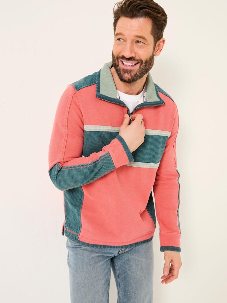 Fat Face Coral Pink 100% Cotton Airlie Panel Quarter Zip Sweat Top