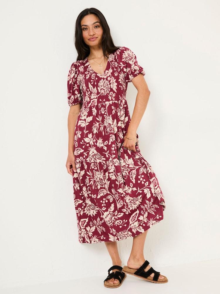 Fat Face Danielle Burgundy Red Brush Floral Midi Dress