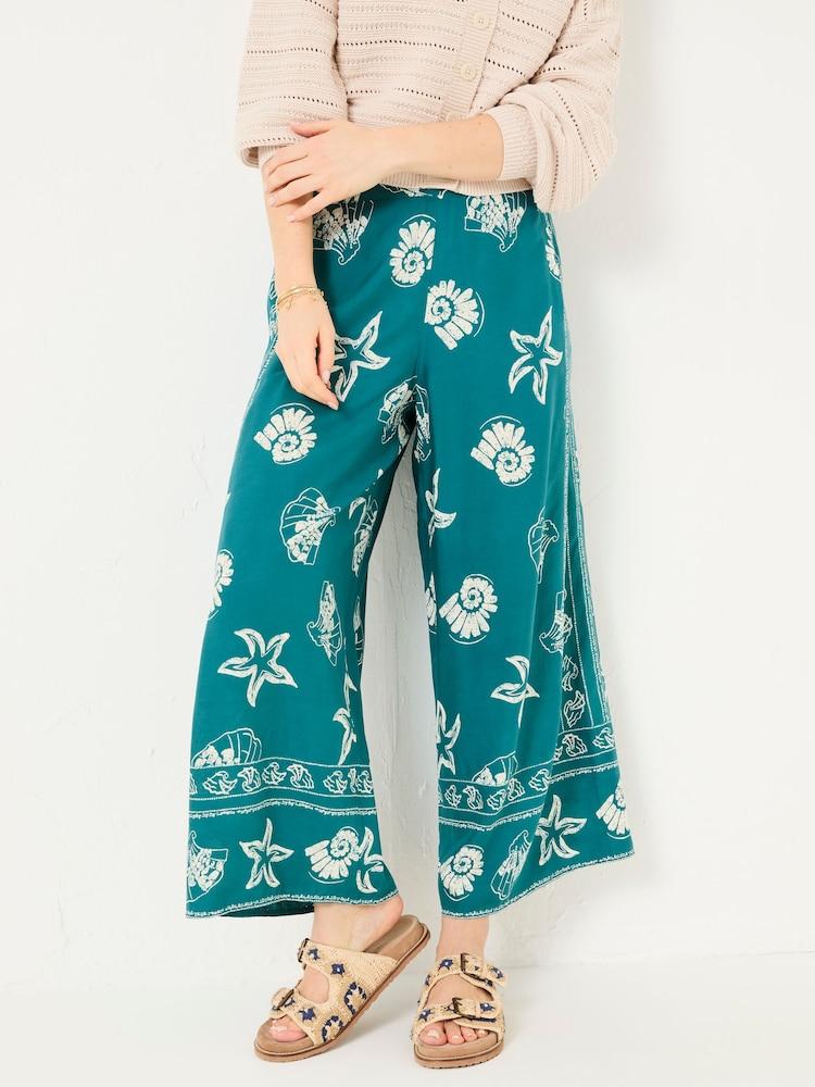 Fat Face Eliza Teal Blue Lino Shell Cropped Trousers