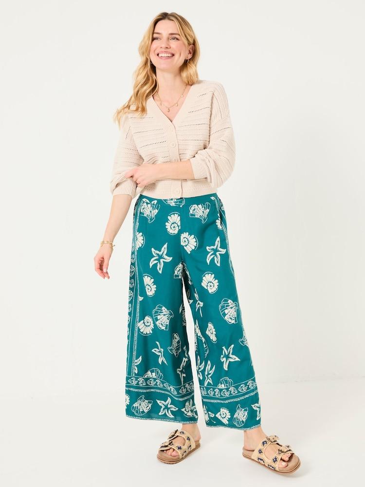 Fat Face Eliza Teal Blue Lino Shell Cropped Trousers