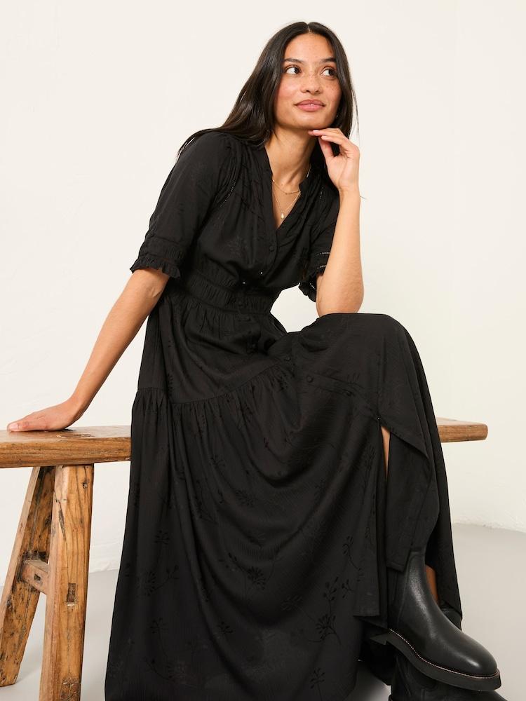 Fat Face Elsie Black Regular Embroidered Midi Dress