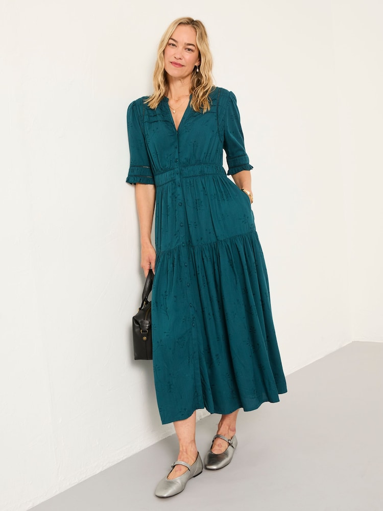 Fat Face Elsie Dark Teal Petite Embroidered Midi Dress