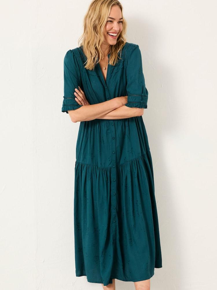 Fat Face Elsie Dark Teal Regular Embroidered Midi Dress