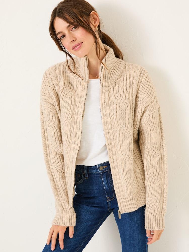 Fat Face Erin Natural Cable Knitted Zip Through Cardigan