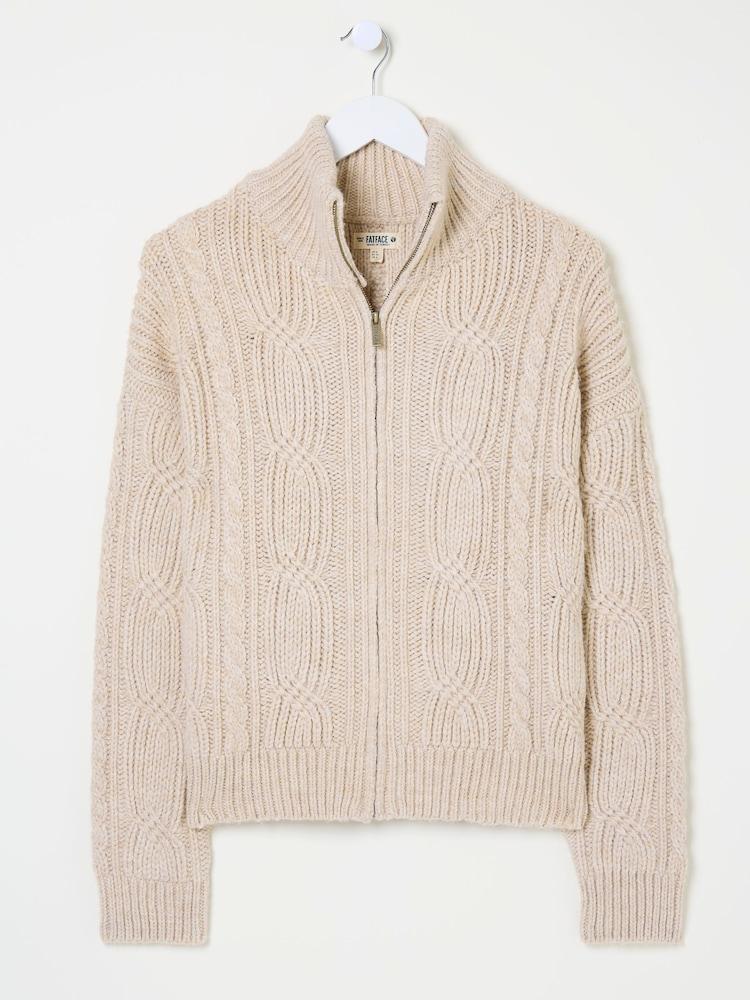fat face Erin Natural Cable Knitted Zip Through Cardigan
