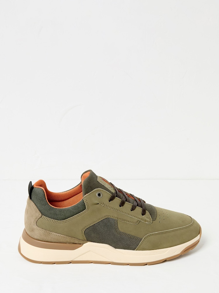 Fat Face Ace Khaki Green Leather Trainer