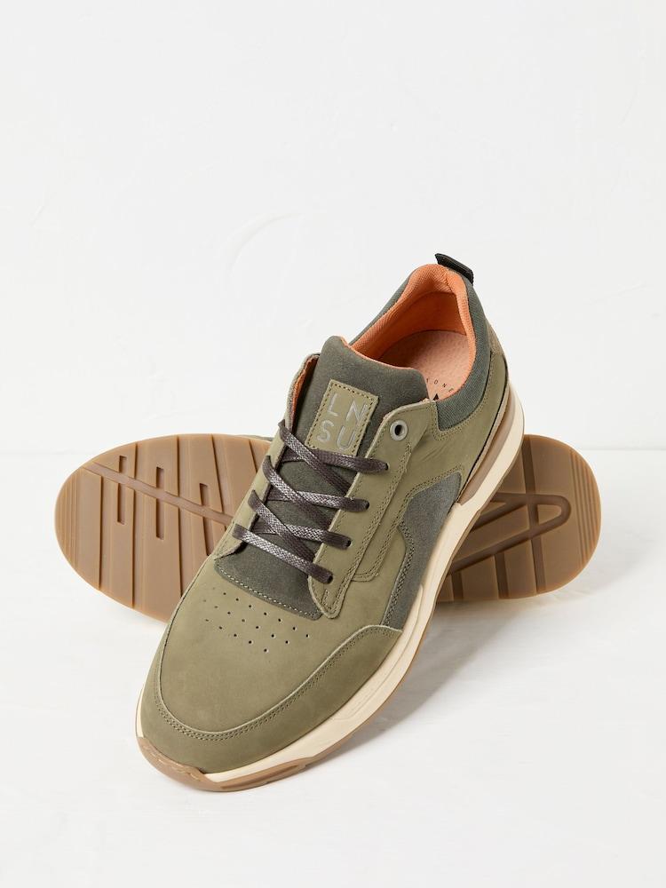 fat face Ace Khaki Green Leather Trainer