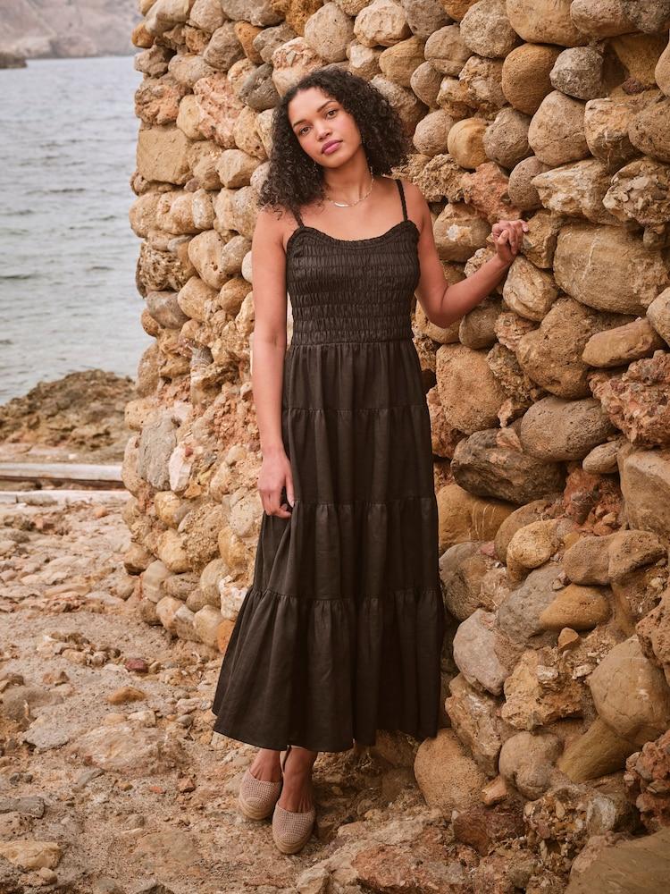 Fat Face Adeline Black Tiered Strappy Dress