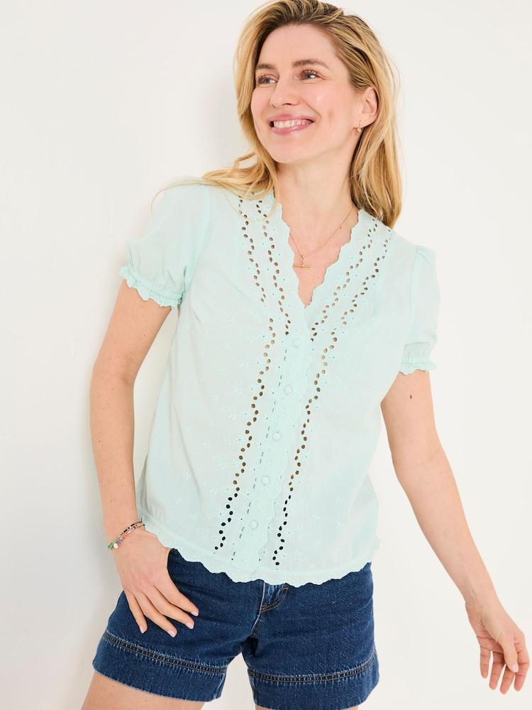 Fat Face Aguste Mint Green Broderie Blouse