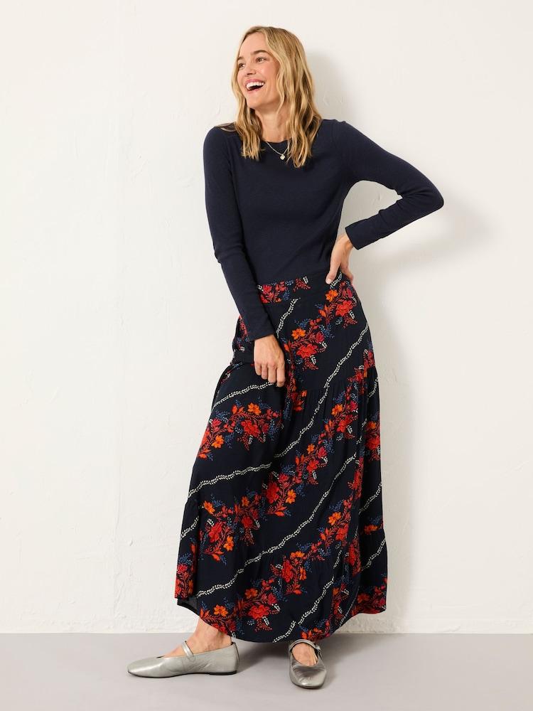 Fat Face Anika Navy Folk Floral Midi Skirt