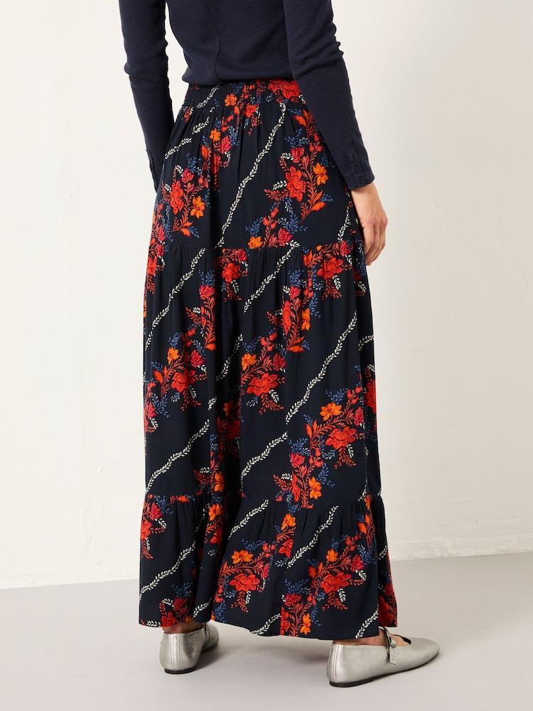 Fat Face Anika Navy Folk Floral Midi Skirt