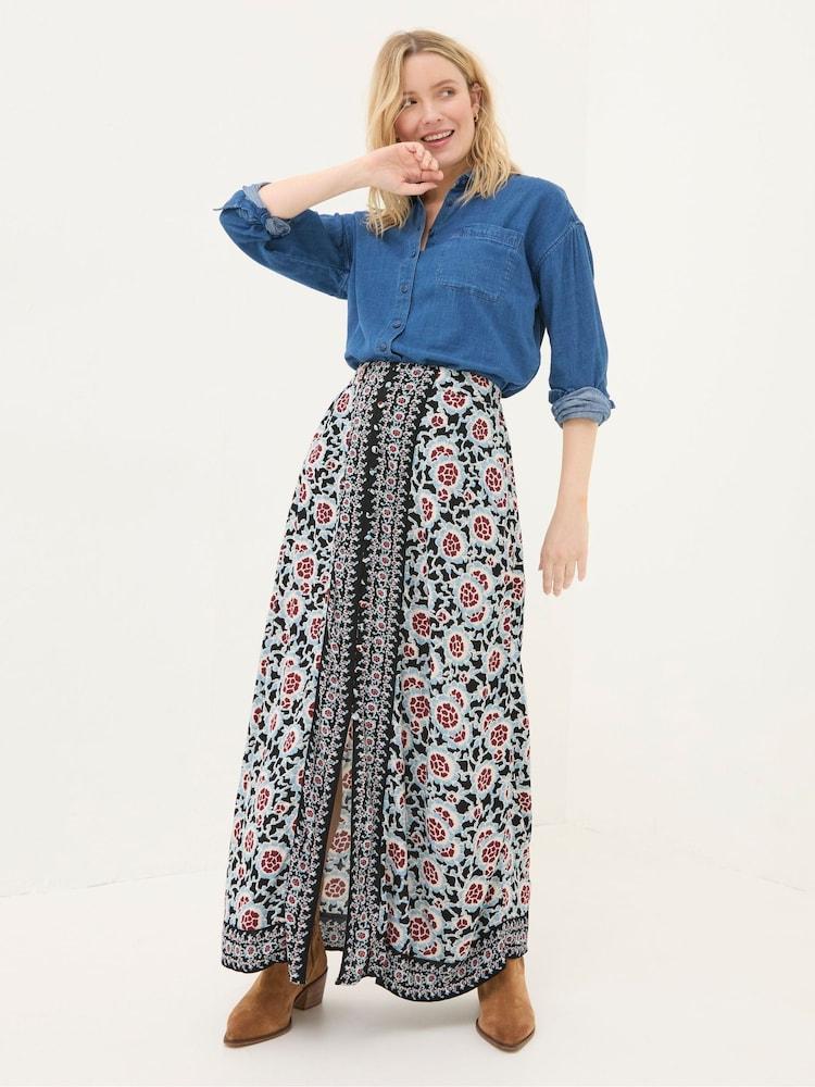 Fat Face Arabella Black Wild Floral Midi Skirt
