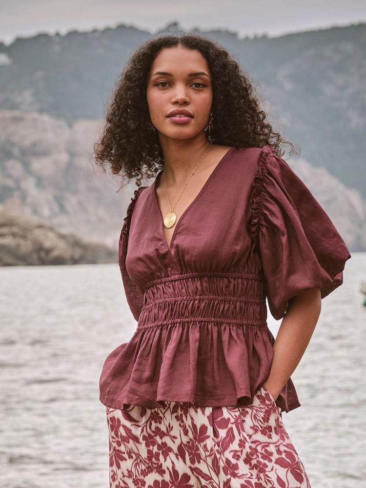 Fat Face Arabella Claret Puff Sleeve Top